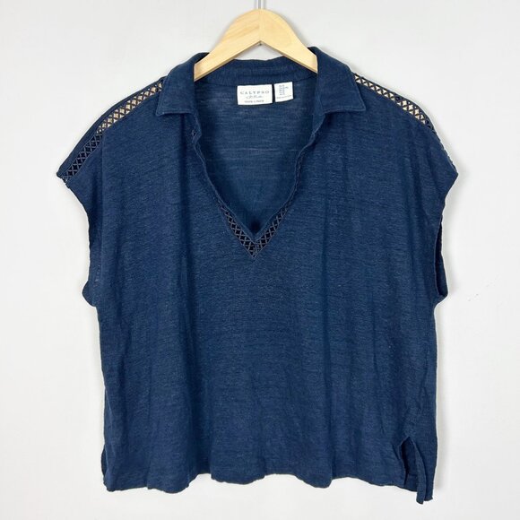 Calypso St Barth Navy Linen Boxy Polo Tee Cutout Detail Size XL Women's - Picture 1 of 4